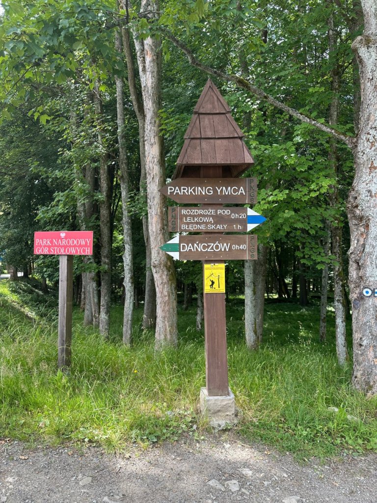 Znak drewniany wskazujący szlaki i czas ich przejścia